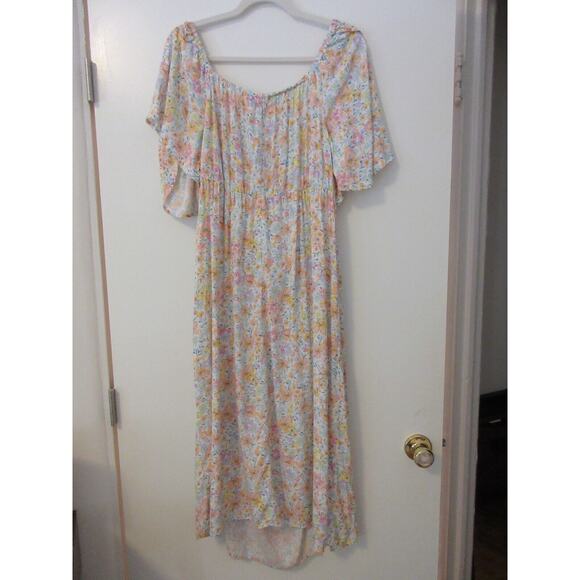 Eloqui Womens Floral Pastel Cut Out Dress size 16 Flutter Sleeve‎ Slit Bottom - Picture 2 of 7